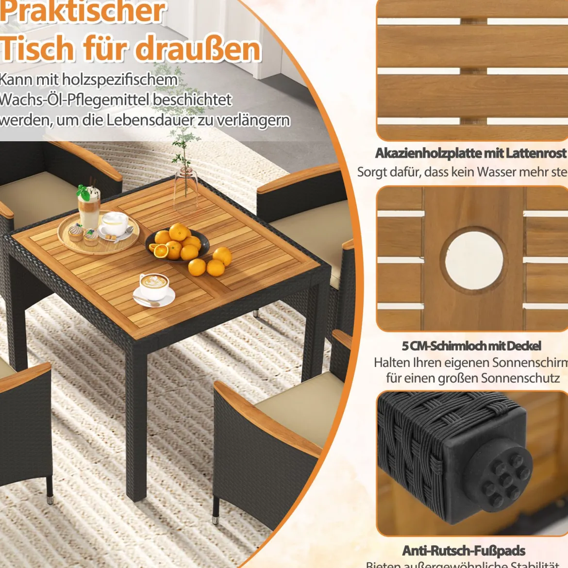 5 TLG. Rattan Gartenmöbel Set Sitzgruppe für 4 Personen Gartentisch mit Tischplatte & 4 Stühle