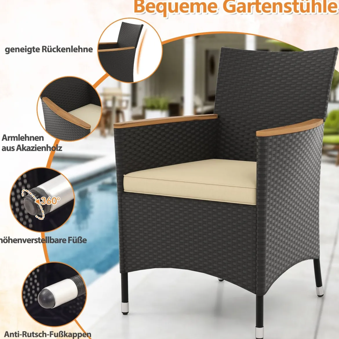 5 TLG. Rattan Gartenmöbel Set Sitzgruppe für 4 Personen Gartentisch mit Tischplatte & 4 Stühle