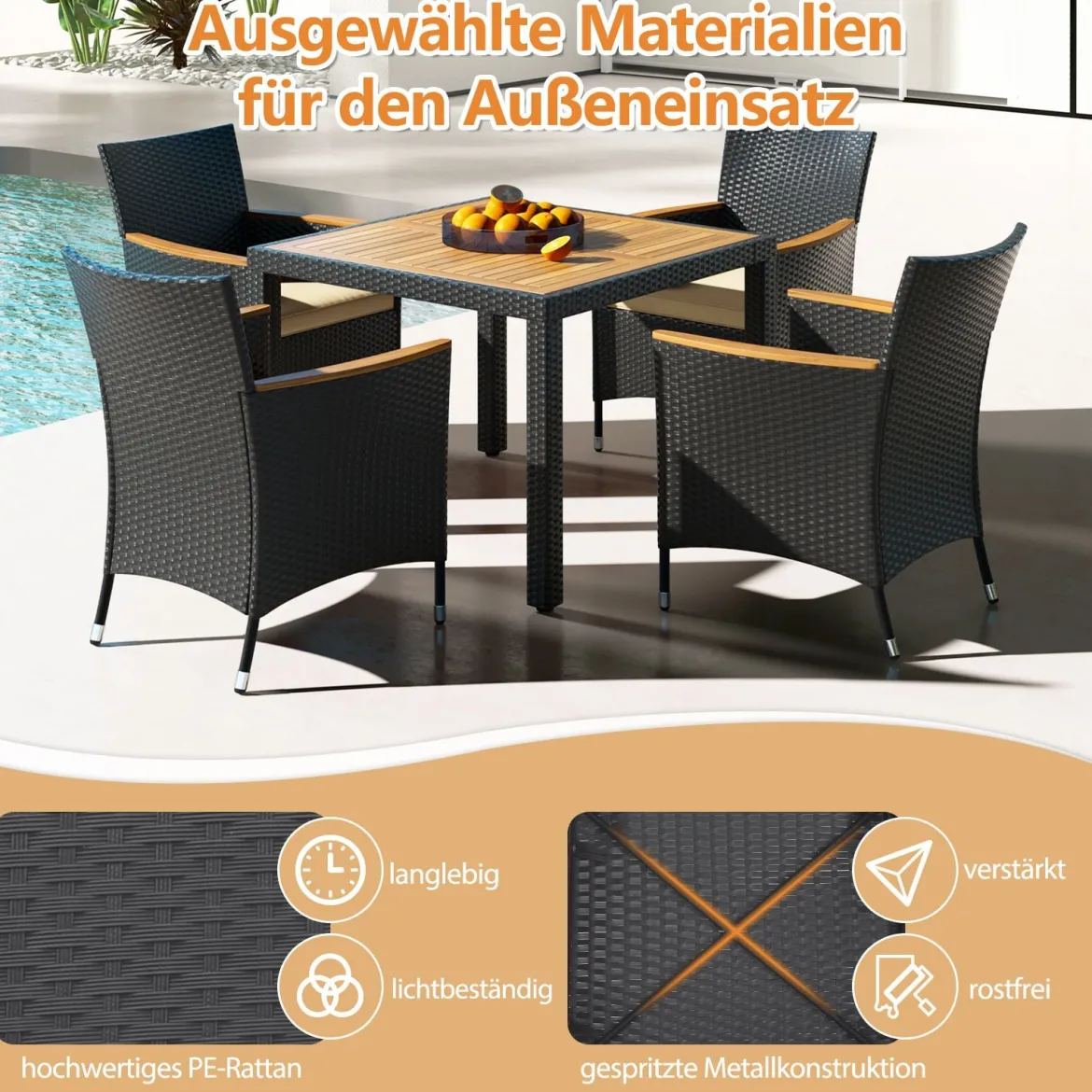 5 TLG. Rattan Gartenmöbel Set Sitzgruppe für 4 Personen Gartentisch mit Tischplatte & 4 Stühle