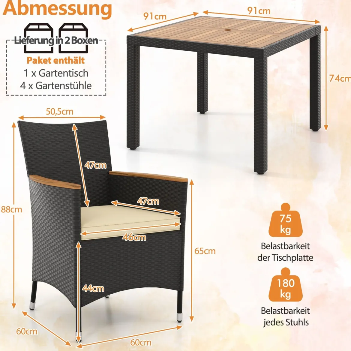 5 TLG. Rattan Gartenmöbel Set Sitzgruppe für 4 Personen Gartentisch mit Tischplatte & 4 Stühle