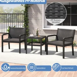 3tlg. Rattan Gartenmöbel Set Wetterfestes Balkonmöbel Balkonset inkl. 2 Stühle mit Tisch Schwarz