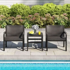 3tlg. Rattan Gartenmöbel Set Wetterfestes Balkonmöbel Balkonset inkl. 2 Stühle mit Tisch Schwarz