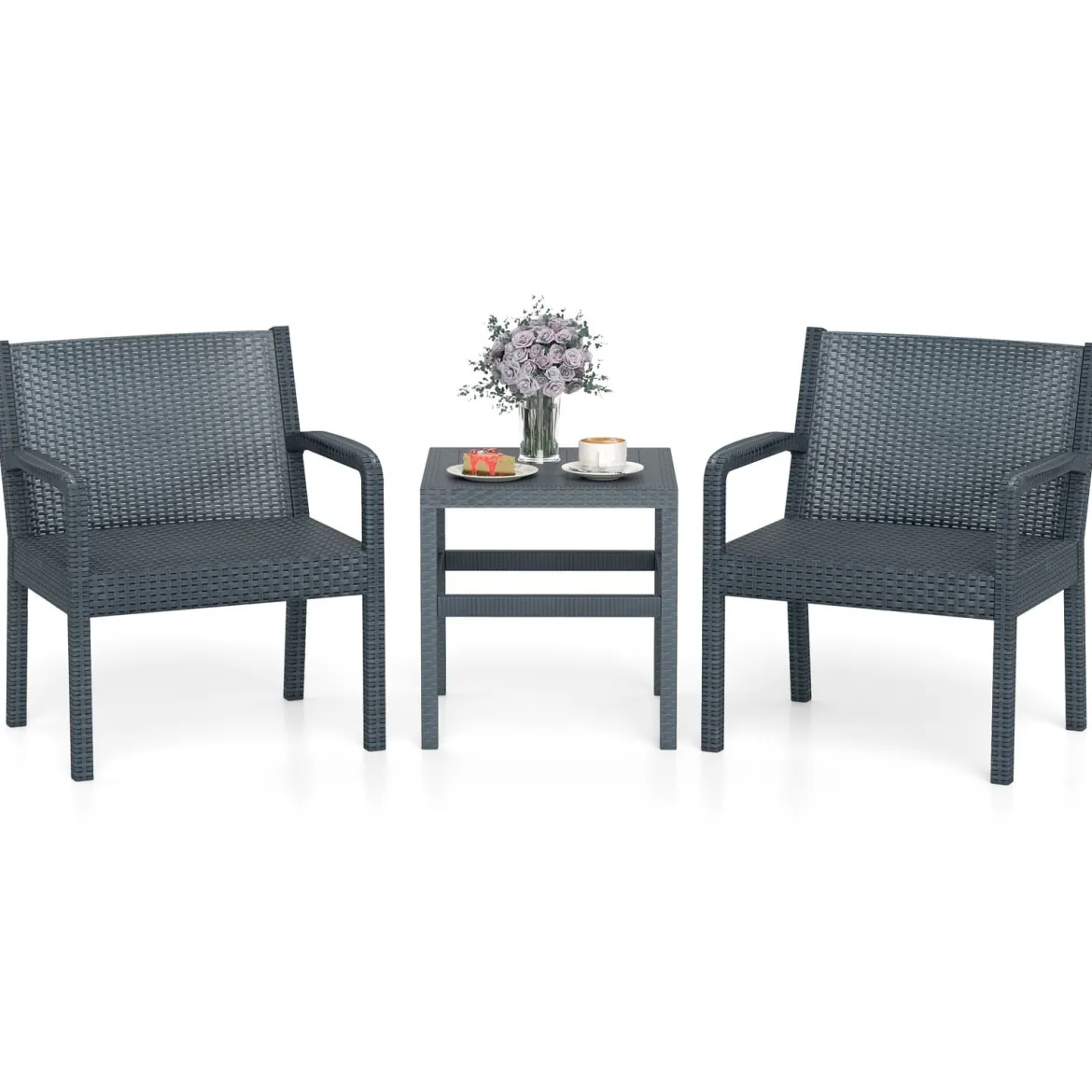 3tlg. Rattan Gartenmöbel Set Wetterfestes Balkonmöbel Balkonset inkl. 2 Stühle mit Tisch Grau