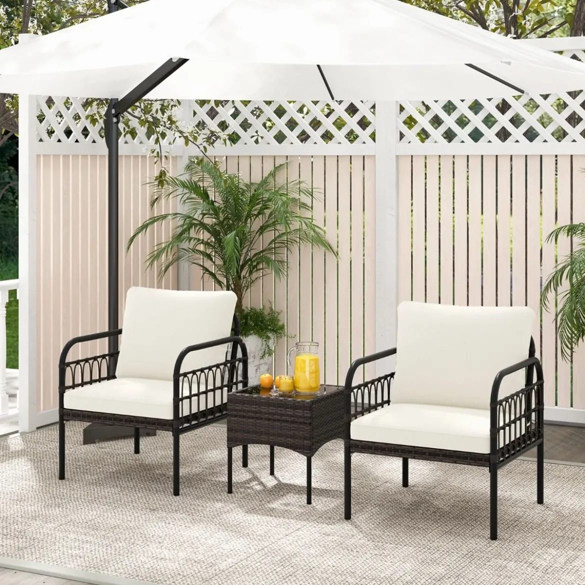 3tlg. Rattansessel Set mit Glas Beistelltisch & Kissen Gesprächsset Gartenmöbel Set Terrassenstühle