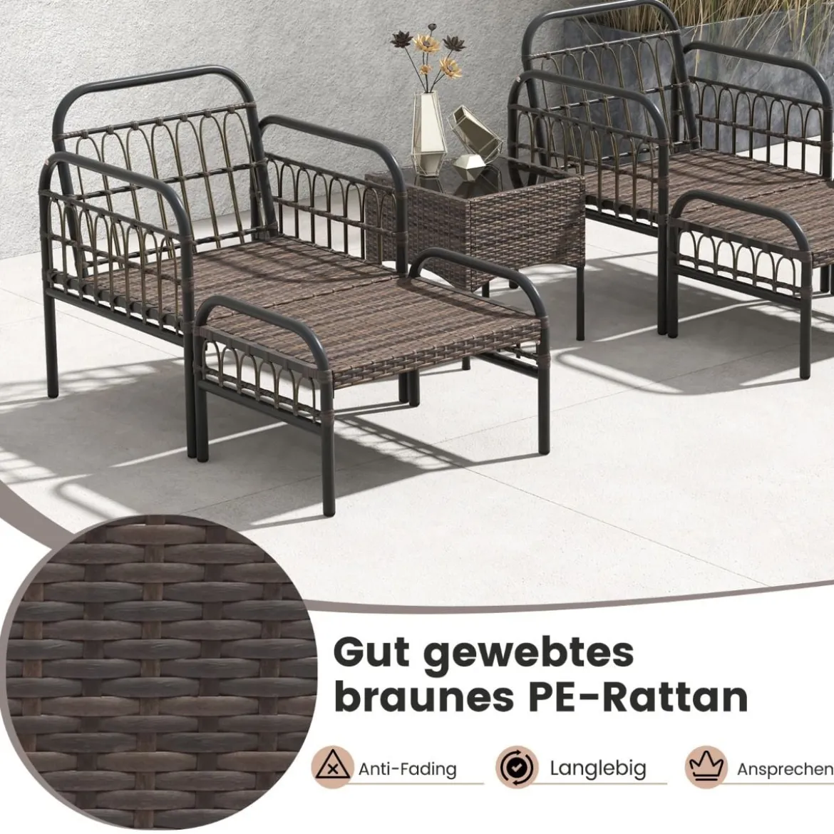 5 TLG. Rattansessel Set mit Ottomane & Beistelltisch & Kissen Gartensessel Terrassenstuhl