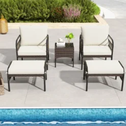 5 TLG. Rattansessel Set mit Ottomane & Beistelltisch & Kissen Gartensessel Terrassenstuhl