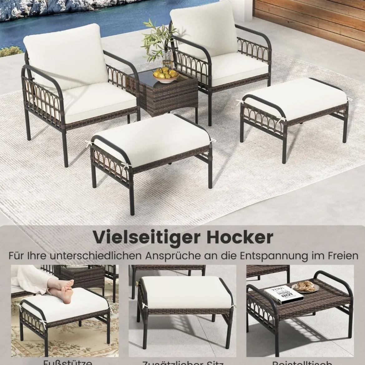 5 TLG. Rattansessel Set mit Ottomane & Beistelltisch & Kissen Gartensessel Terrassenstuhl