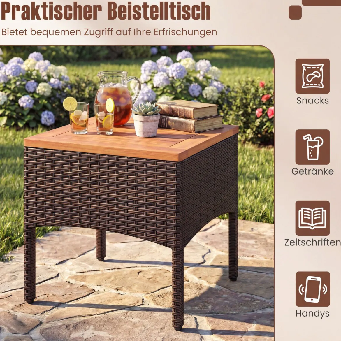 3tlg. Rattan Sitzgruppe Set mit 2 Sessel & 1 Beistelltisch Sitzgarnitur mit Akazienholzplatte & Sitzkissen Braun
