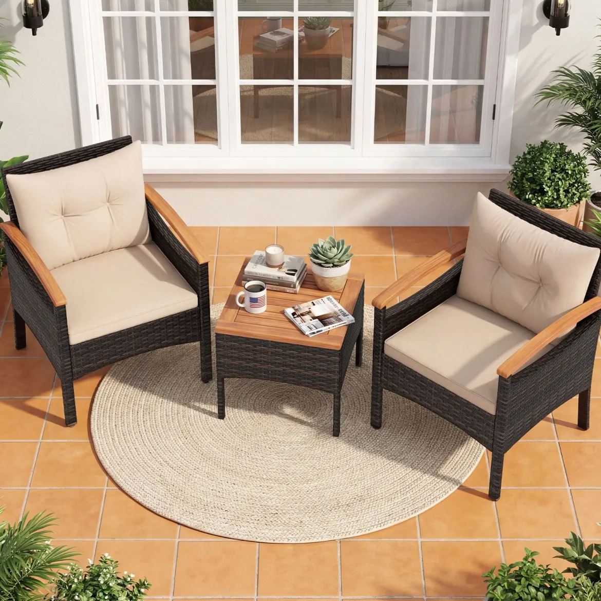 3tlg. Rattan Sitzgruppe Set mit 2 Sessel & 1 Beistelltisch Sitzgarnitur mit Akazienholzplatte & Sitzkissen Braun