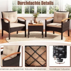 3tlg. Rattan Sitzgruppe Set mit 2 Sessel & 1 Beistelltisch Sitzgarnitur mit Akazienholzplatte & Sitzkissen Braun