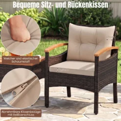 3tlg. Rattan Sitzgruppe Set mit 2 Sessel & 1 Beistelltisch Sitzgarnitur mit Akazienholzplatte & Sitzkissen Braun
