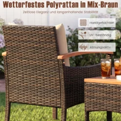 3tlg. Rattan Sitzgruppe Set mit 2 Sessel & 1 Beistelltisch Sitzgarnitur mit Akazienholzplatte & Sitzkissen Braun