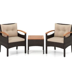 3tlg. Rattan Sitzgruppe Set mit 2 Sessel & 1 Beistelltisch Sitzgarnitur mit Akazienholzplatte & Sitzkissen Braun