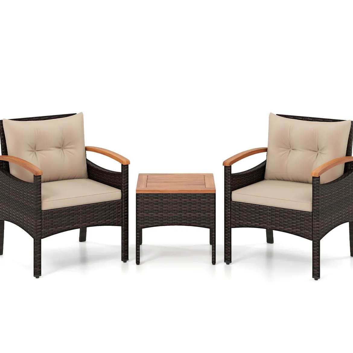 3tlg. Rattan Sitzgruppe Set mit 2 Sessel & 1 Beistelltisch Sitzgarnitur mit Akazienholzplatte & Sitzkissen Braun
