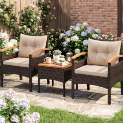 3tlg. Rattan Sitzgruppe Set mit 2 Sessel & 1 Beistelltisch Sitzgarnitur mit Akazienholzplatte & Sitzkissen Braun