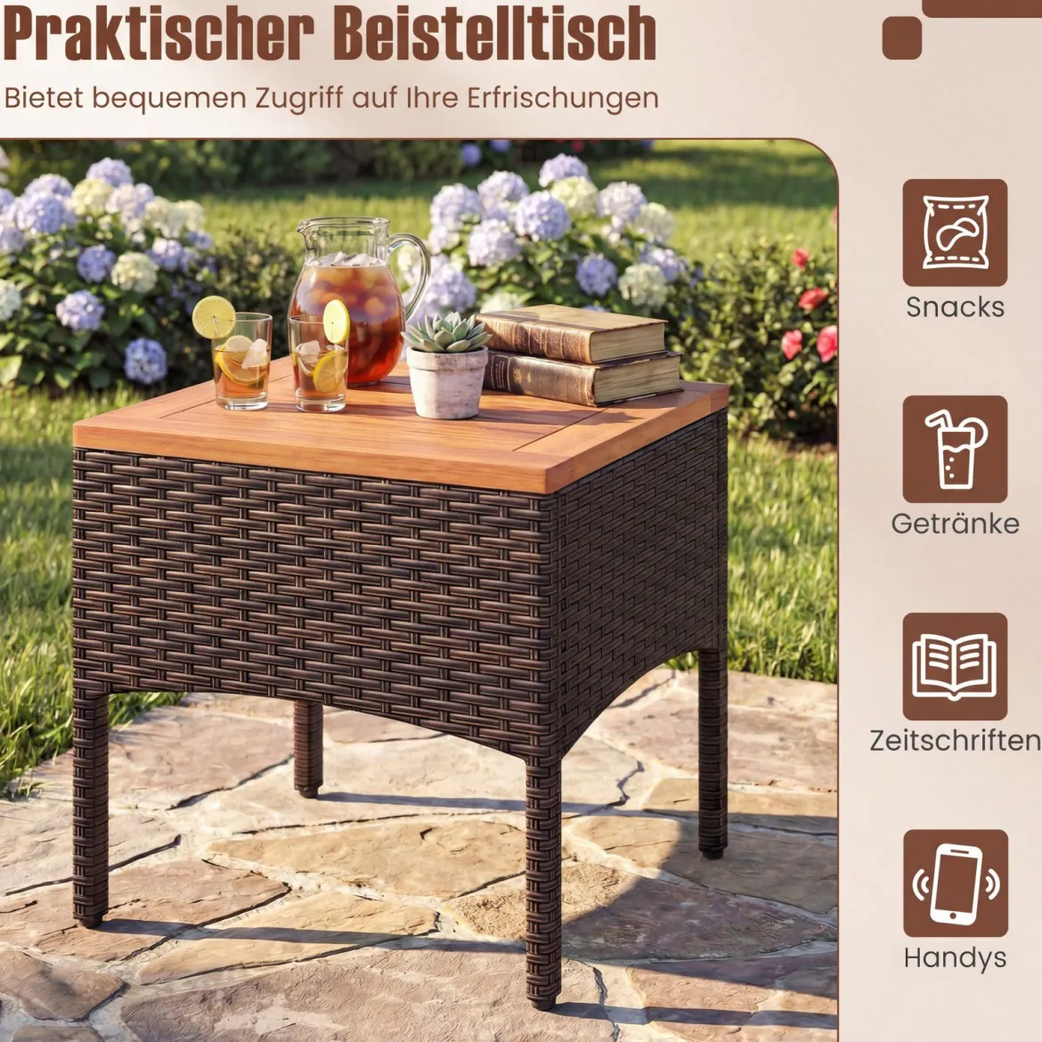3tlg. Rattan Sitzgruppe Set mit 2 Sessel & 1 Beistelltisch Sitzgarnitur mit Akazienholzplatte & Sitzkissen Grau