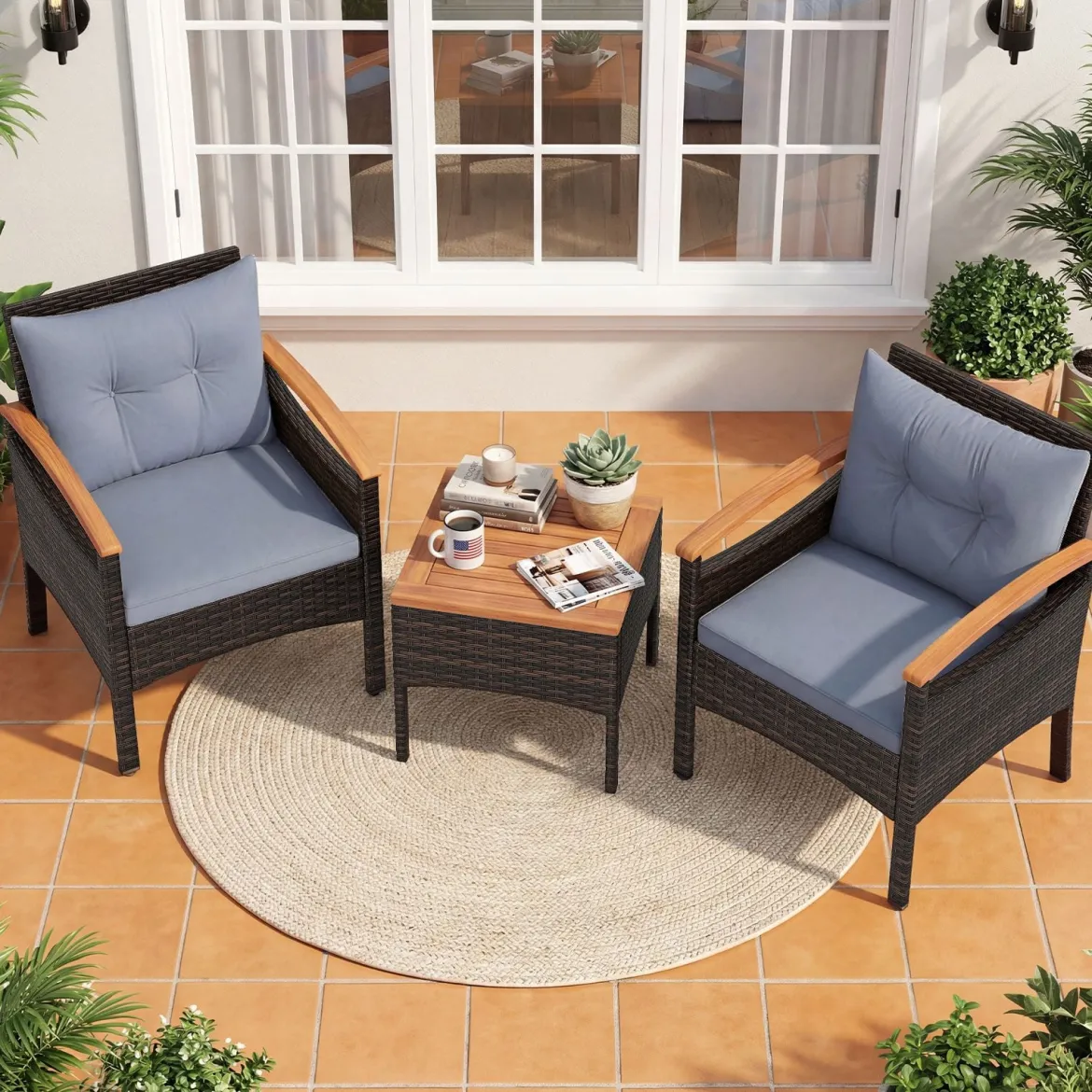 3tlg. Rattan Sitzgruppe Set mit 2 Sessel & 1 Beistelltisch Sitzgarnitur mit Akazienholzplatte & Sitzkissen Grau