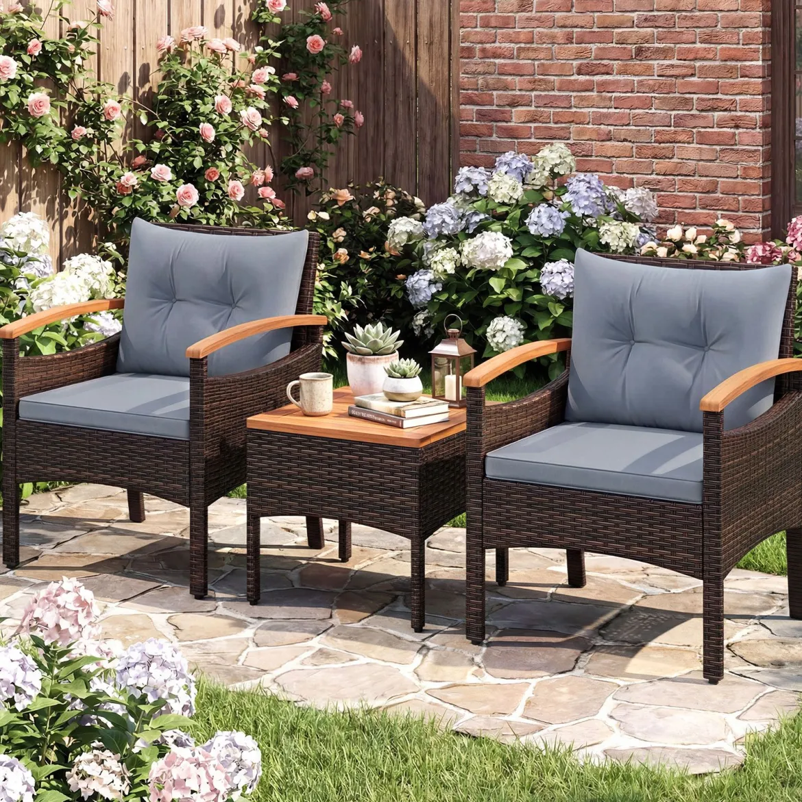 3tlg. Rattan Sitzgruppe Set mit 2 Sessel & 1 Beistelltisch Sitzgarnitur mit Akazienholzplatte & Sitzkissen Grau
