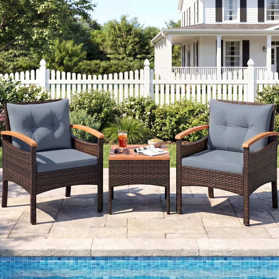 3tlg. Rattan Sitzgruppe Set mit 2 Sessel & 1 Beistelltisch Sitzgarnitur mit Akazienholzplatte & Sitzkissen Grau
