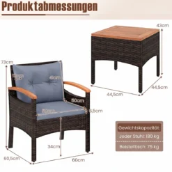 3tlg. Rattan Sitzgruppe Set mit 2 Sessel & 1 Beistelltisch Sitzgarnitur mit Akazienholzplatte & Sitzkissen Grau
