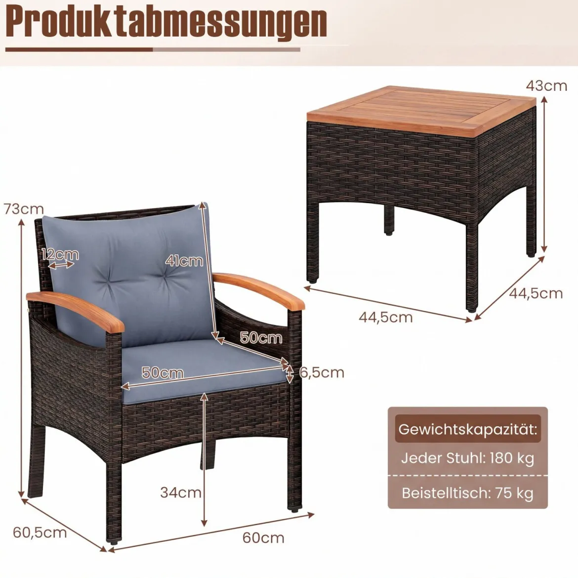 3tlg. Rattan Sitzgruppe Set mit 2 Sessel & 1 Beistelltisch Sitzgarnitur mit Akazienholzplatte & Sitzkissen Grau