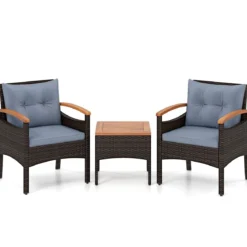3tlg. Rattan Sitzgruppe Set mit 2 Sessel & 1 Beistelltisch Sitzgarnitur mit Akazienholzplatte & Sitzkissen Grau