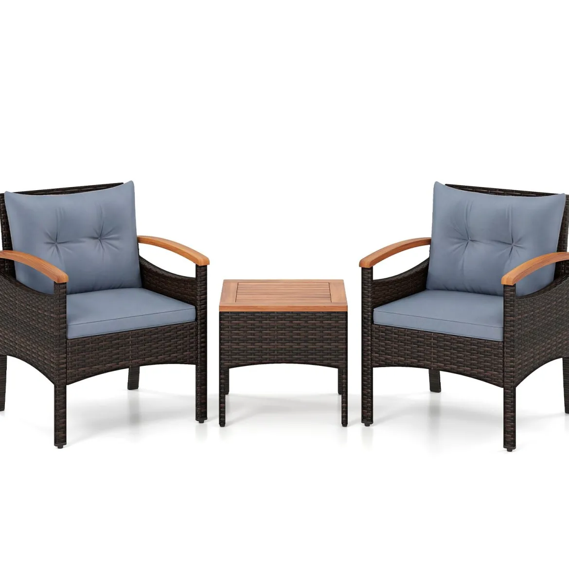 3tlg. Rattan Sitzgruppe Set mit 2 Sessel & 1 Beistelltisch Sitzgarnitur mit Akazienholzplatte & Sitzkissen Grau