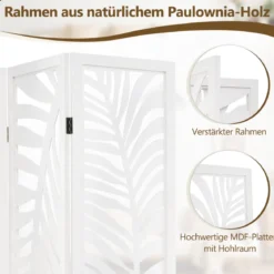 3 tlg. Raumteile mit Natürlichem Paulownia-Holzrahmen Freistehender Sichtschutz Weiß