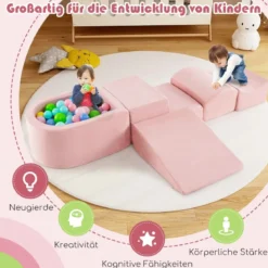 5 TLG. Schaumstoffbausteine Riesenbausteine mit Bällebad (ohne Bälle) Großbausteine zum Toben Rosa/Grau/Beige