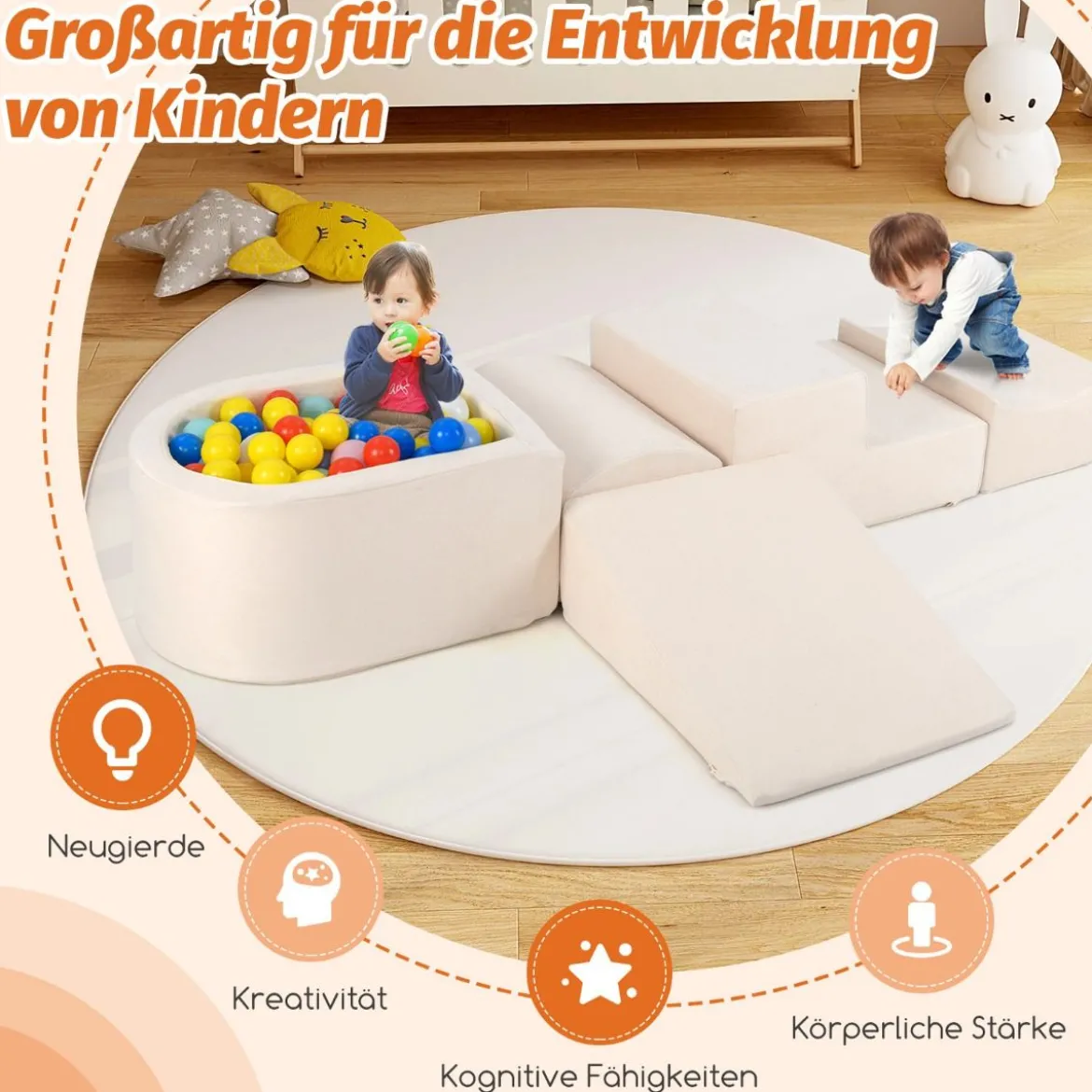 5 TLG. Schaumstoffbausteine Riesenbausteine mit Bällebad (ohne Bälle) Großbausteine zum Toben Rosa/Grau/Beige