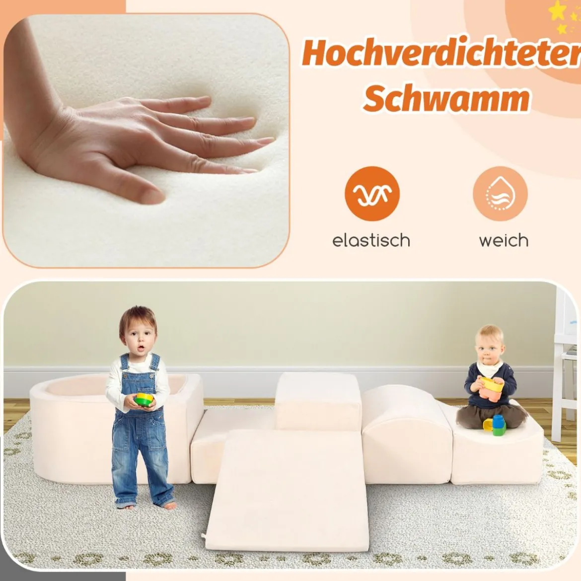 5 TLG. Schaumstoffbausteine Riesenbausteine mit Bällebad (ohne Bälle) Großbausteine zum Toben Rosa/Grau/Beige