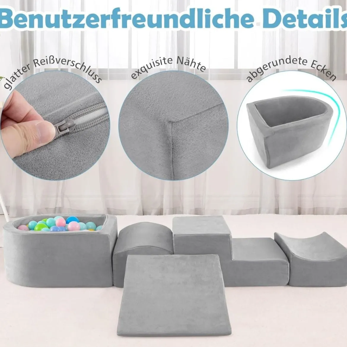 5 TLG. Schaumstoffbausteine Riesenbausteine mit Bällebad (ohne Bälle) Großbausteine zum Toben Rosa/Grau/Beige
