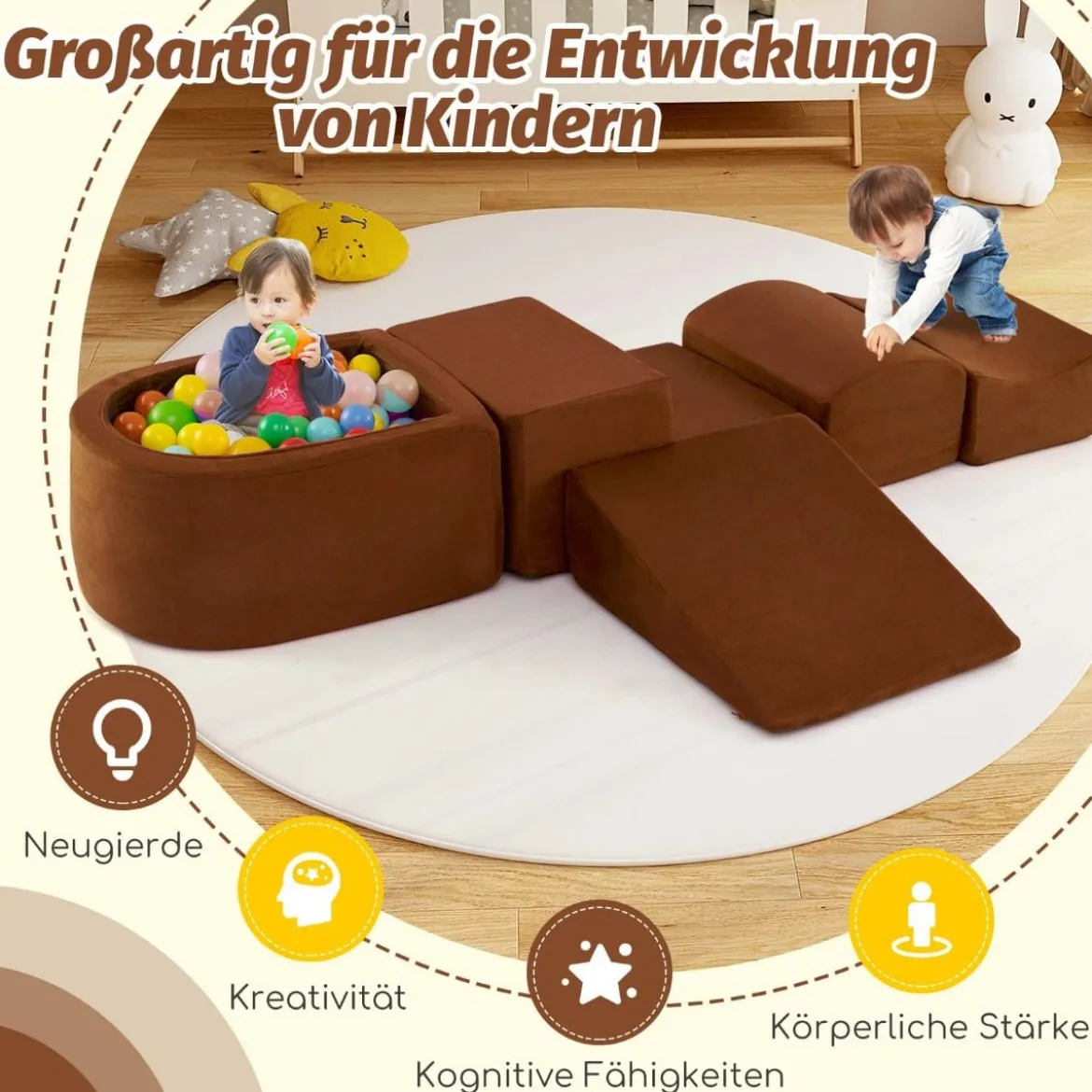 5 TLG. Schaumstoffbausteine Riesenbausteine mit Bällebad (ohne Bälle) Großbausteine zum Toben Rosa/Grau/Beige