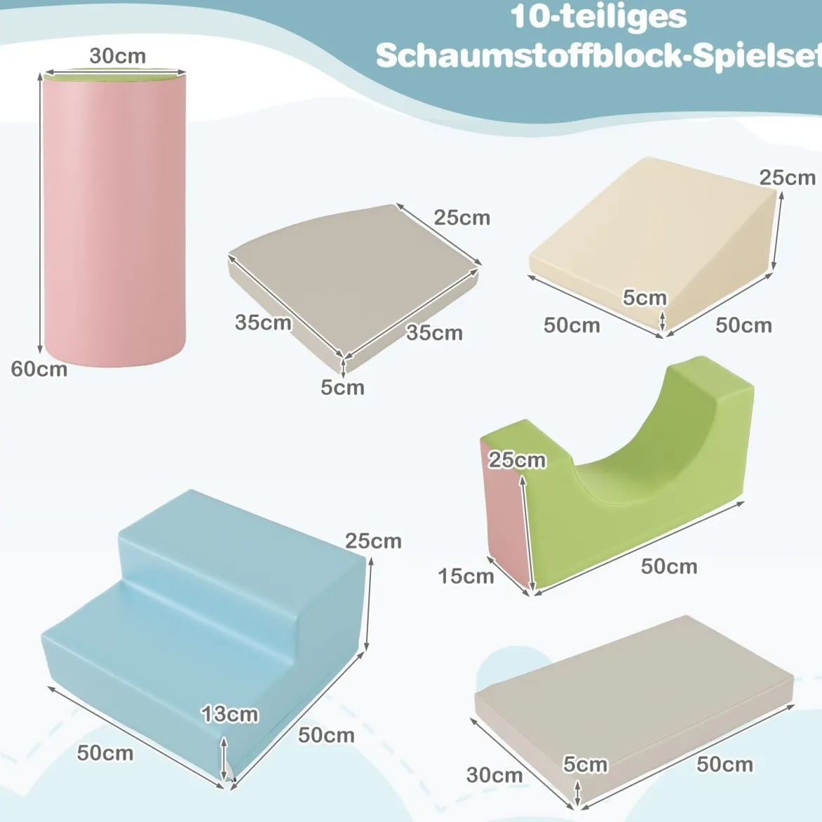 10 TLG. Schaumstoff Bausteine zum Klettern & Rutschen Weiche Softbausteine Blau + Grau