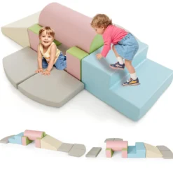 10 TLG. Schaumstoff Bausteine zum Klettern & Rutschen Weiche Softbausteine Blau + Grau