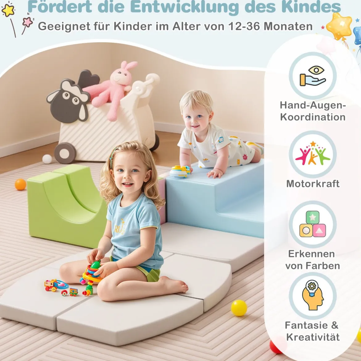 10 TLG. Schaumstoff Bausteine zum Klettern & Rutschen Weiche Softbausteine Blau + Grau