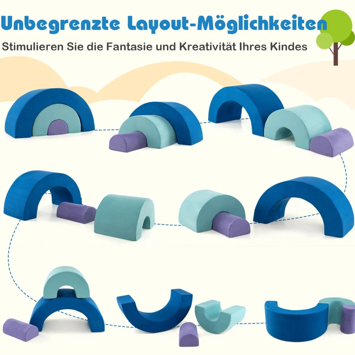 3-TLG. Softbausteine Schaumstoffbausteine zum Klettern & Krabbeln Kletterbogen Blau