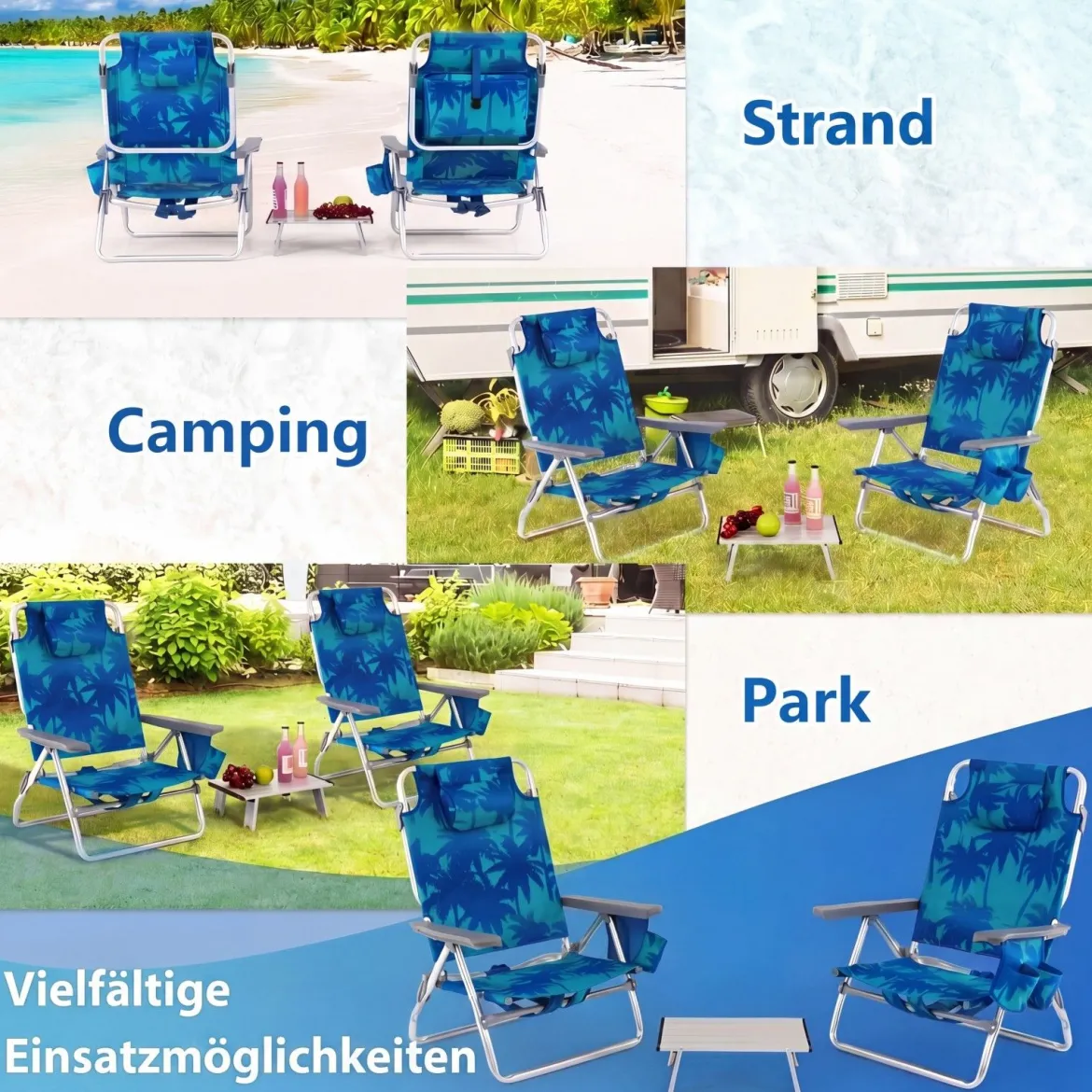 3 tlg. Strandstuhl & Tisch Set mit Verstellbarer Rückenlehne Outdoor Liegestühle