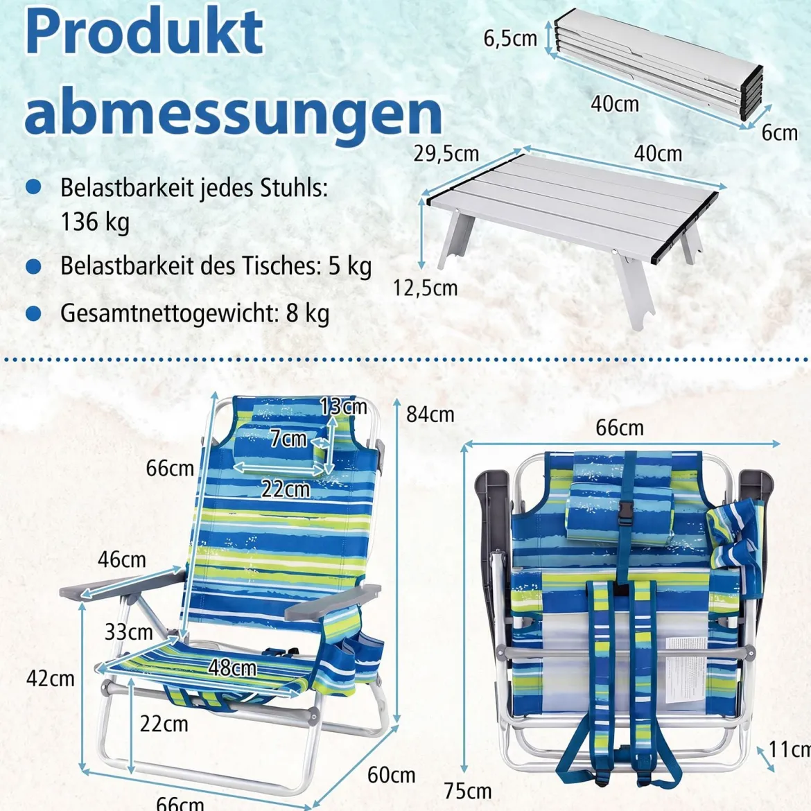 3 tlg. Strandstuhl & Tisch Set mit Verstellbarer Rückenlehne Outdoor Liegestühle