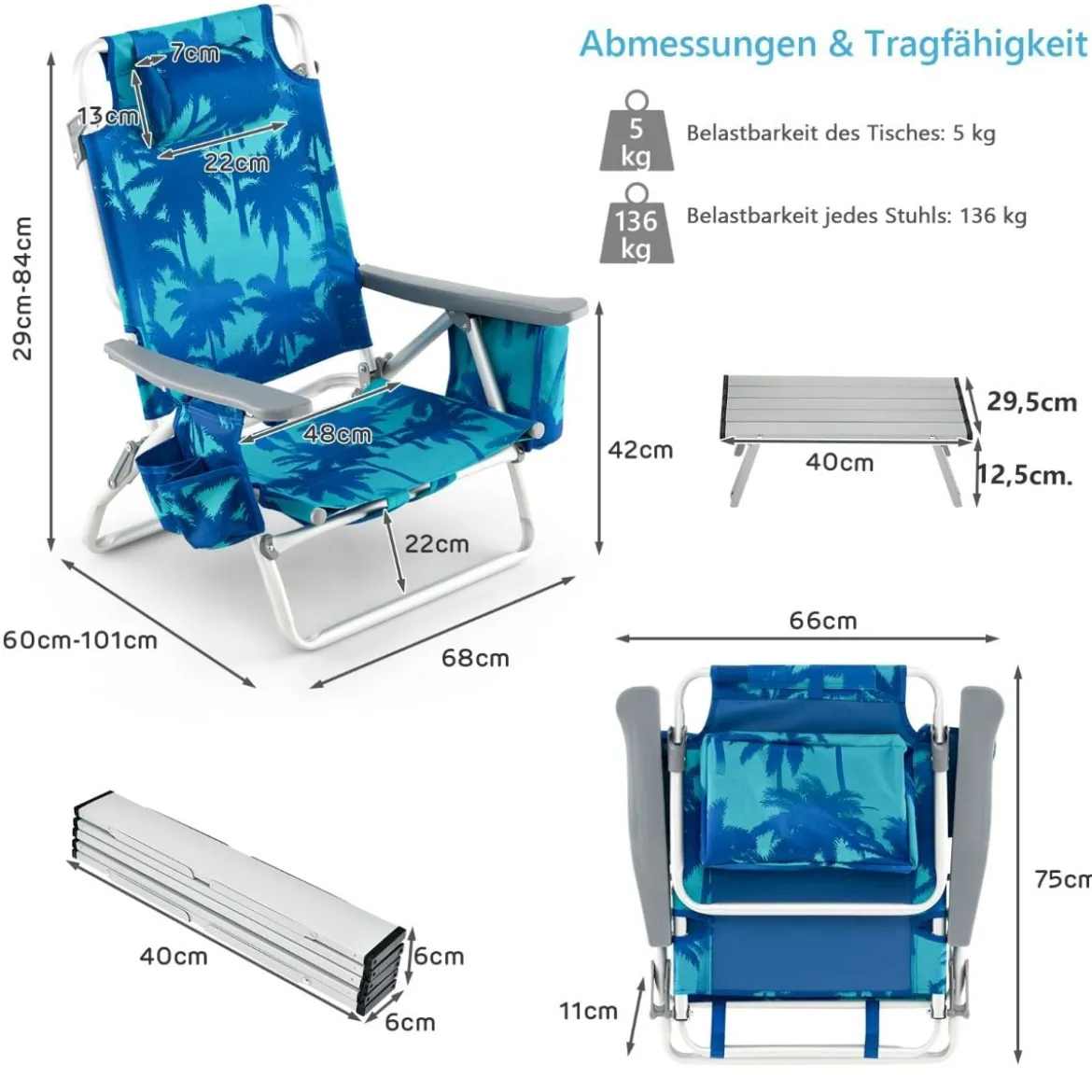 3 tlg. Strandstuhl & Tisch Set mit Verstellbarer Rückenlehne Outdoor Liegestühle