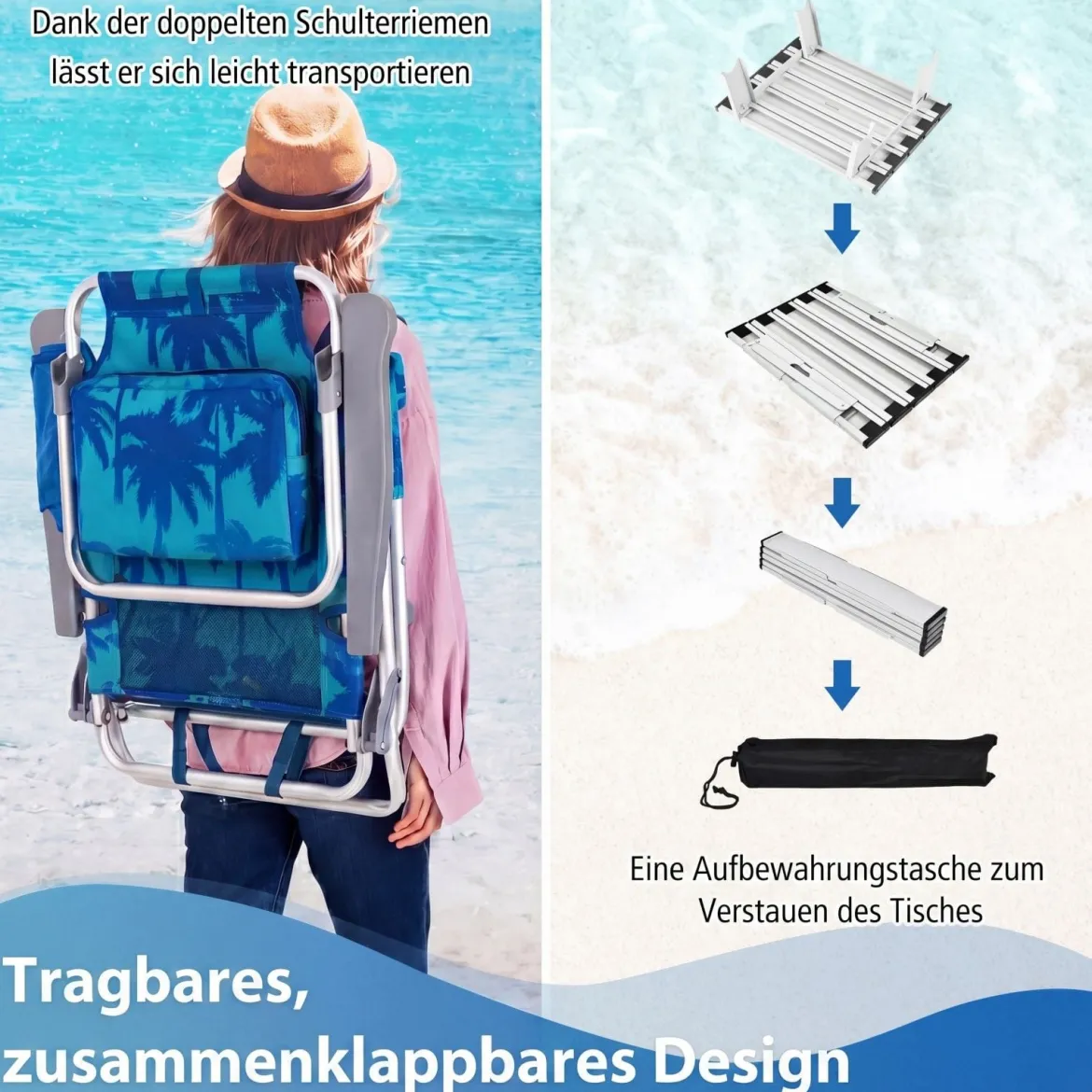 3 tlg. Strandstuhl & Tisch Set mit Verstellbarer Rückenlehne Outdoor Liegestühle