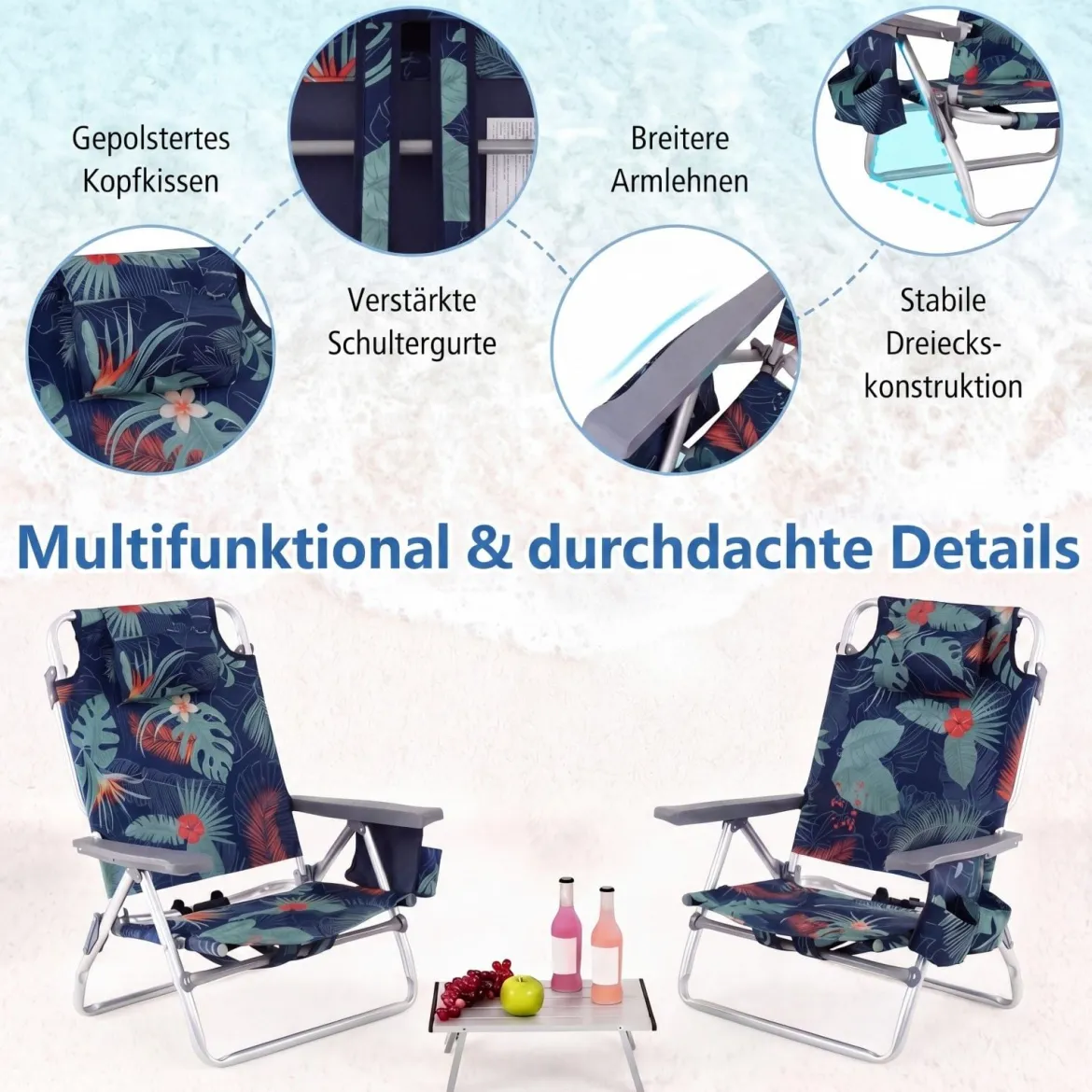 3 tlg. Strandstuhl & Tisch Set mit Verstellbarer Rückenlehne Outdoor Liegestühle