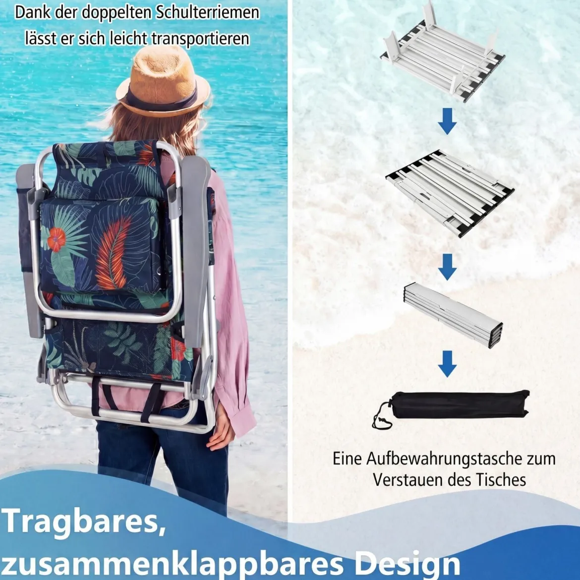 3 tlg. Strandstuhl & Tisch Set mit Verstellbarer Rückenlehne Outdoor Liegestühle