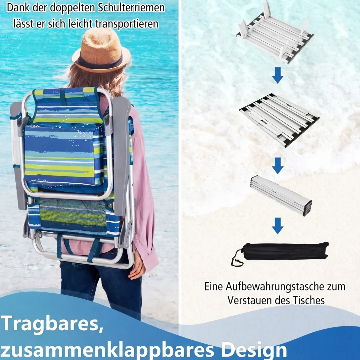 3 tlg. Strandstuhl & Tisch Set mit Verstellbarer Rückenlehne Outdoor Liegestühle