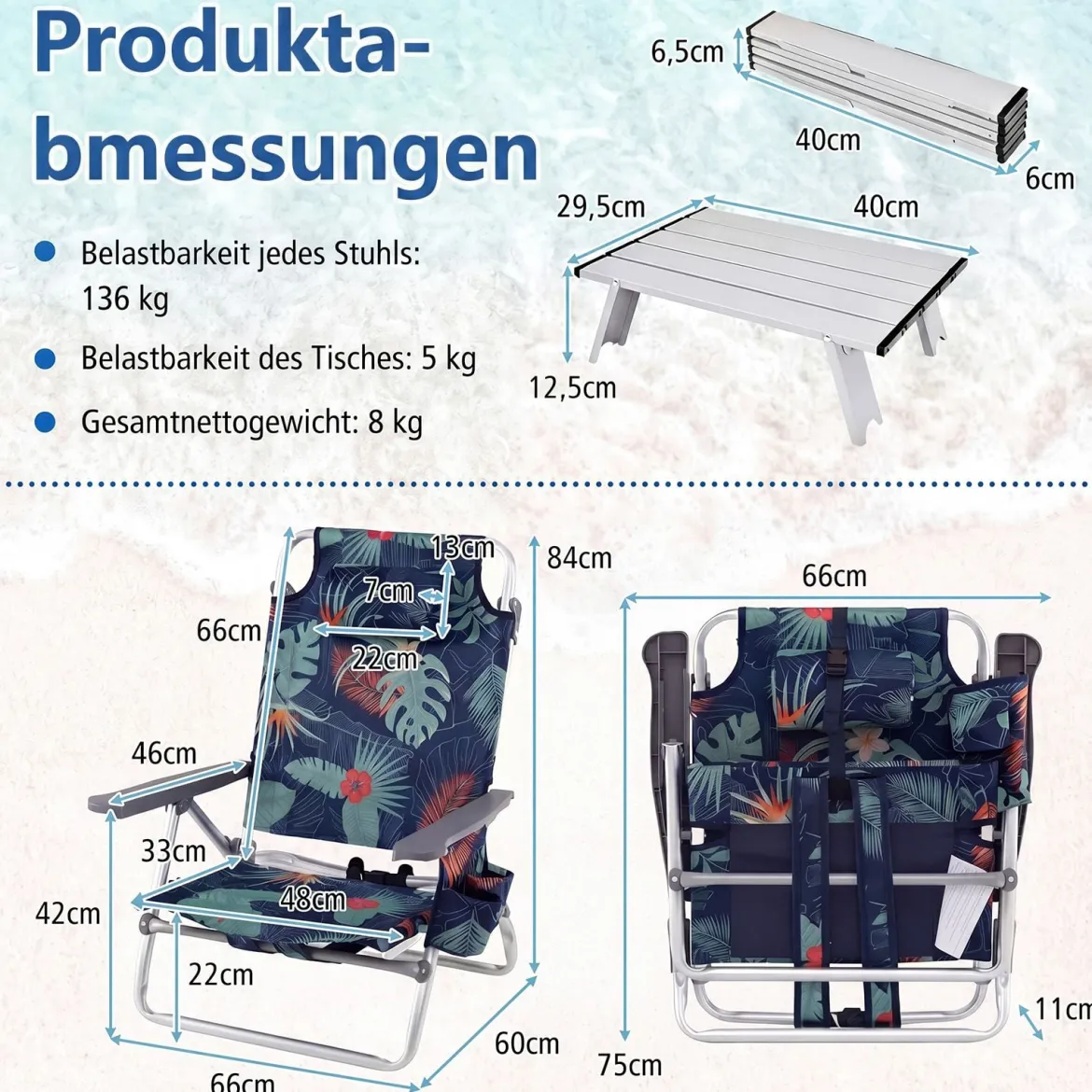 3 tlg. Strandstuhl & Tisch Set mit Verstellbarer Rückenlehne Outdoor Liegestühle