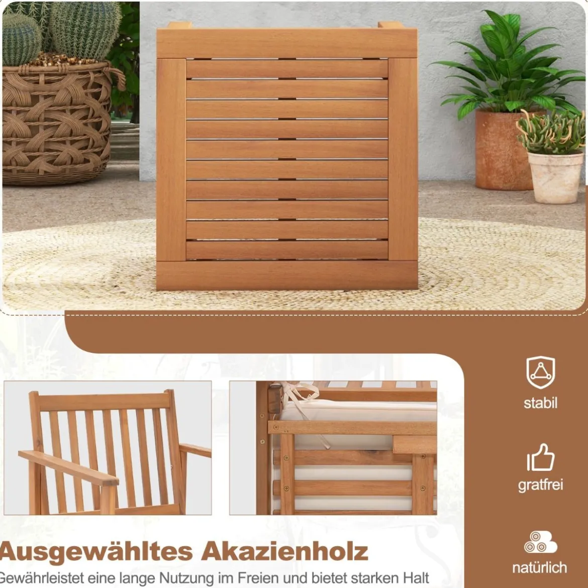 3tlg. Terrassenmöbel-Set aus Akazienholz 2 Gartenstühle mit Kissen & Kaffeetisch Bistroset