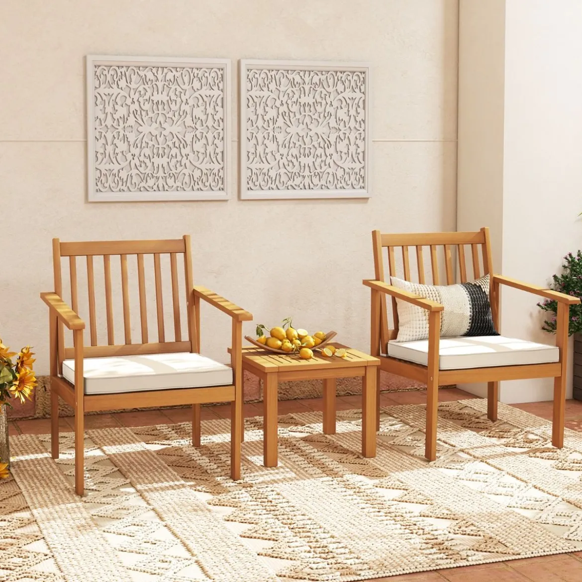3tlg. Terrassenmöbel-Set aus Akazienholz 2 Gartenstühle mit Kissen & Kaffeetisch Bistroset