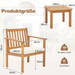 3tlg. Terrassenmöbel-Set aus Akazienholz 2 Gartenstühle mit Kissen & Kaffeetisch Bistroset