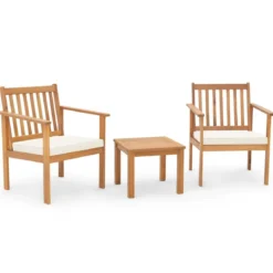 3tlg. Terrassenmöbel-Set aus Akazienholz 2 Gartenstühle mit Kissen & Kaffeetisch Bistroset