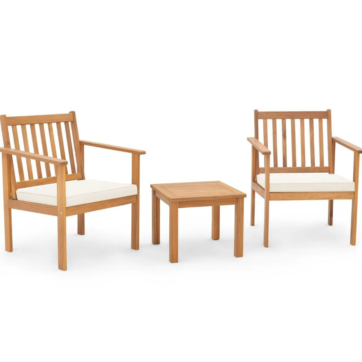 3tlg. Terrassenmöbel-Set aus Akazienholz 2 Gartenstühle mit Kissen & Kaffeetisch Bistroset